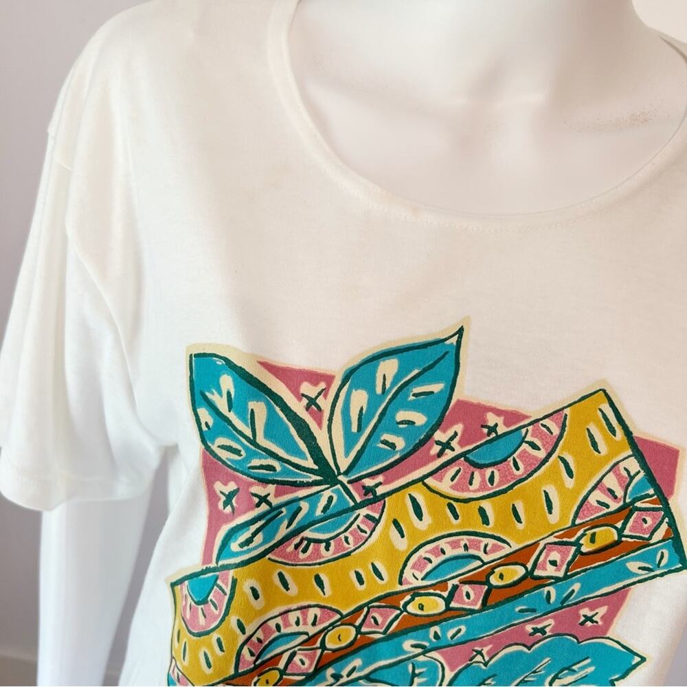 VINTAGE Mervyns Partners White Pink Teal Floral Sunfloral T-Shirt Large NWT - Picture 3 of 8
